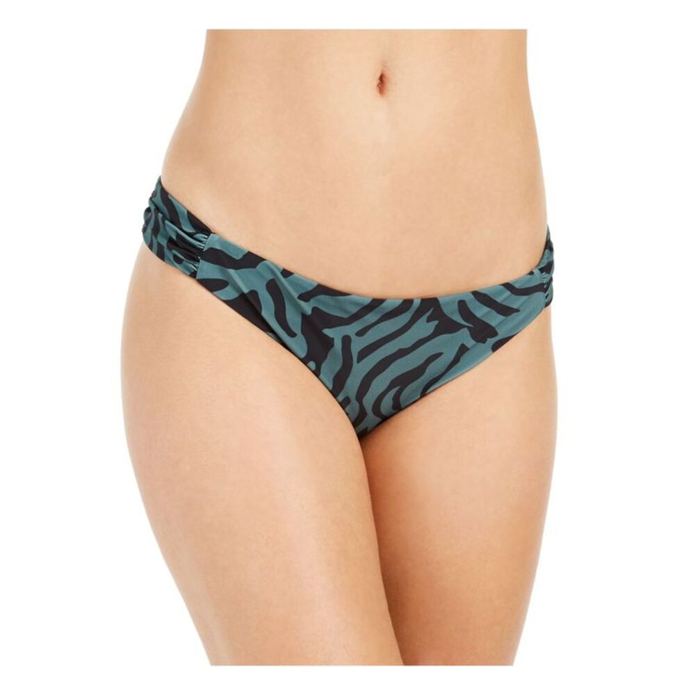 BAR III Women's Green Zebra Print Stretch Side Tab Hipster Swimsuit Bottom L